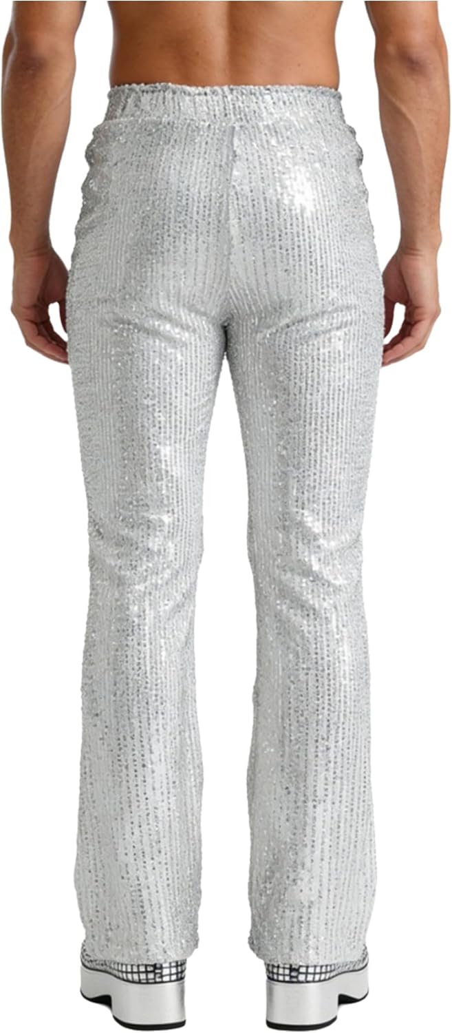 Men's Shiny Sequins Wide Leg Pants Elastic Waistband High Rise Fully Lined Bling Pants