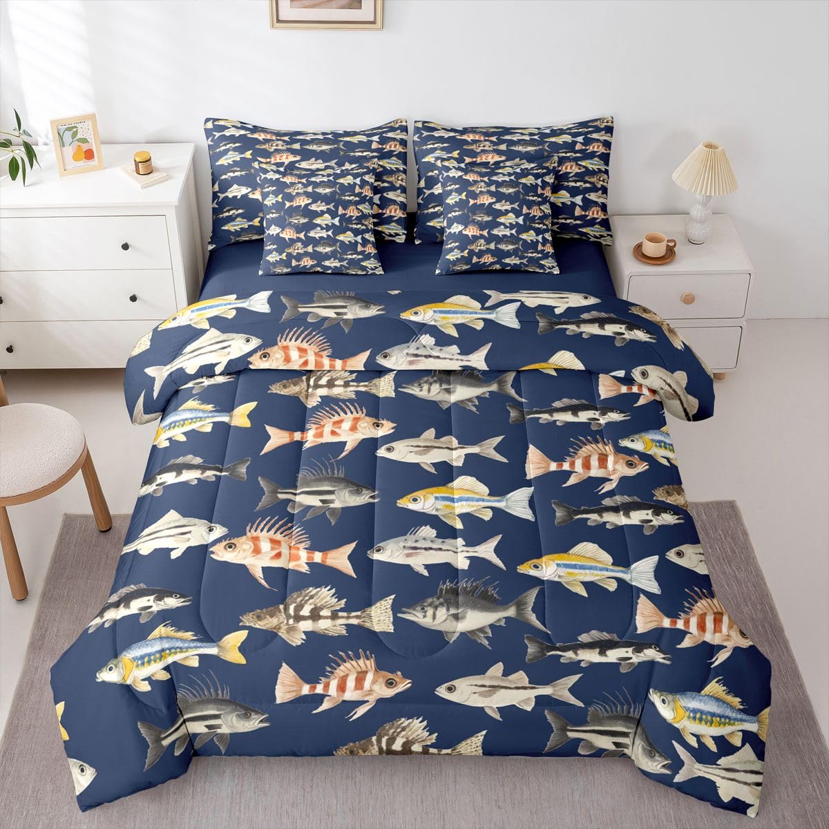 Erosebridal Pike Fish Yellow Blue Boys Kids 7 Piece Bedding Set Twin | Rustic Farmhouse Comforter Set with Sheets Teens Adults Bed in A Bag Fishing and Hunting Bed Sets