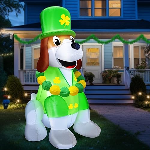 Miniatura 4 de Inflables para el día de San Patricio de 4 pies, decoración al aire libre, lindo perro con sombrero de trébol de la suerte, collar de cuentas de San