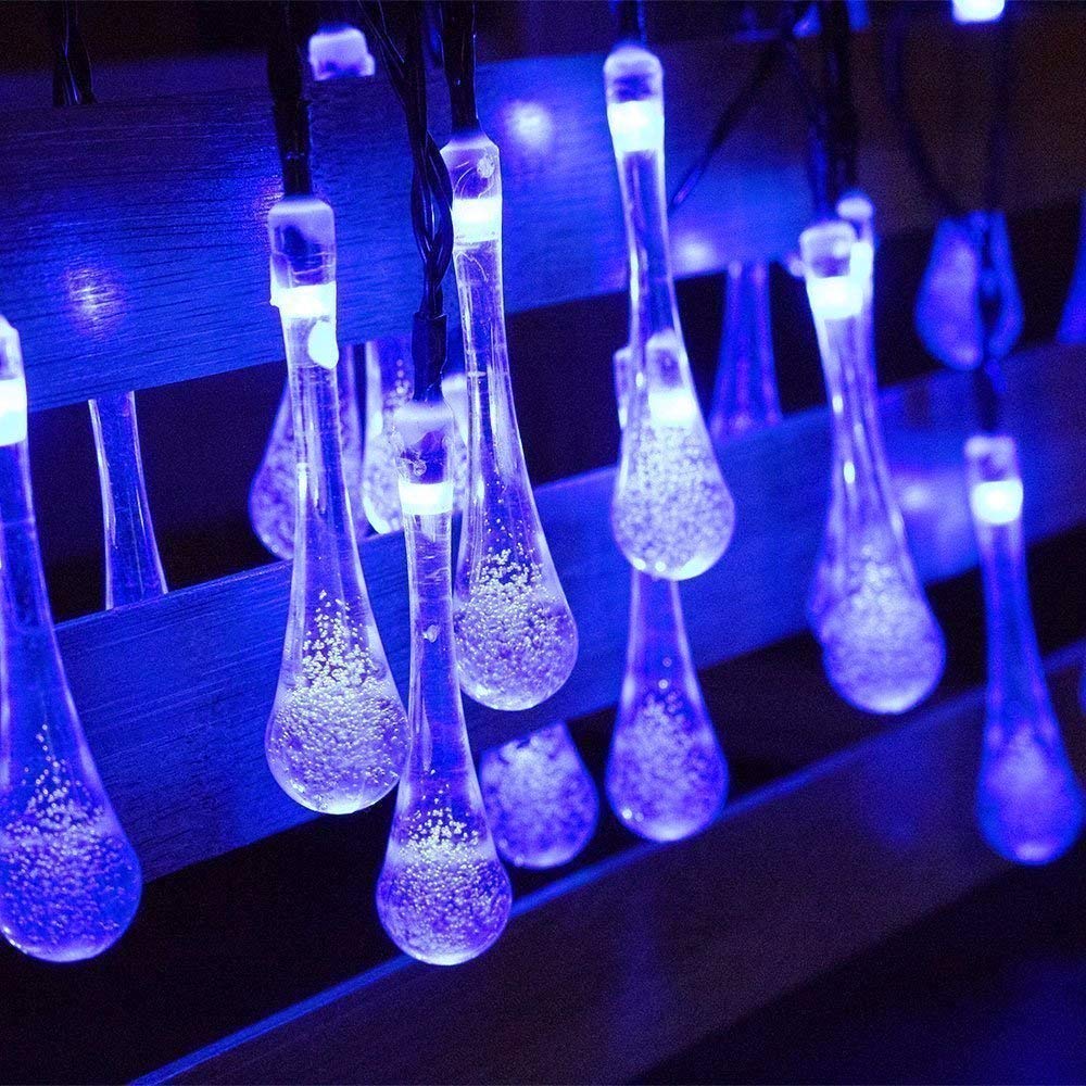 SHANJIA Outdoor Solar String Lights, 5m 20 LED Waterdrop Outdoor Fairy String Lights, 8 Lighting Modes, for Fence Yard Summer Party Wedding Decoration (Blue)