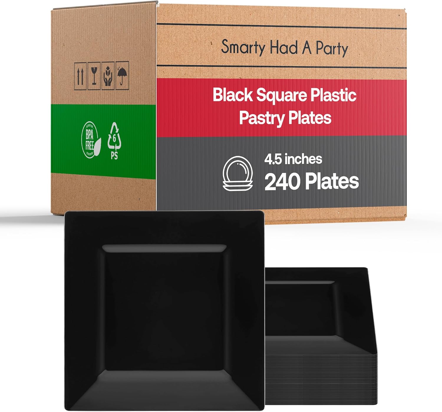 Smarty Had A Party 120 Elegant Disposable Plastic Dinner Plate, 9.5" Heavy Duty Fancy Square Black Dinner Plates for Parties and weddings
