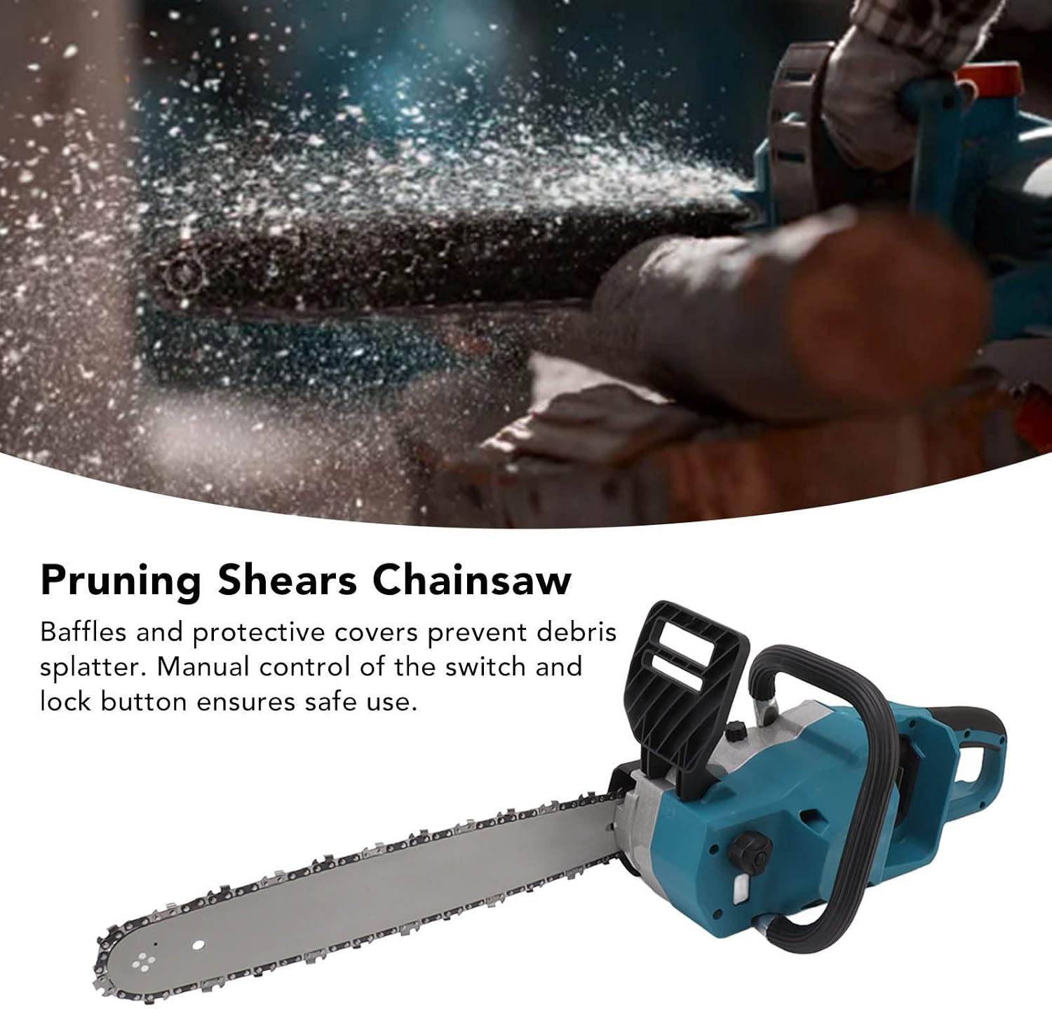 Chainsaw cutting wood, showing safety baffle