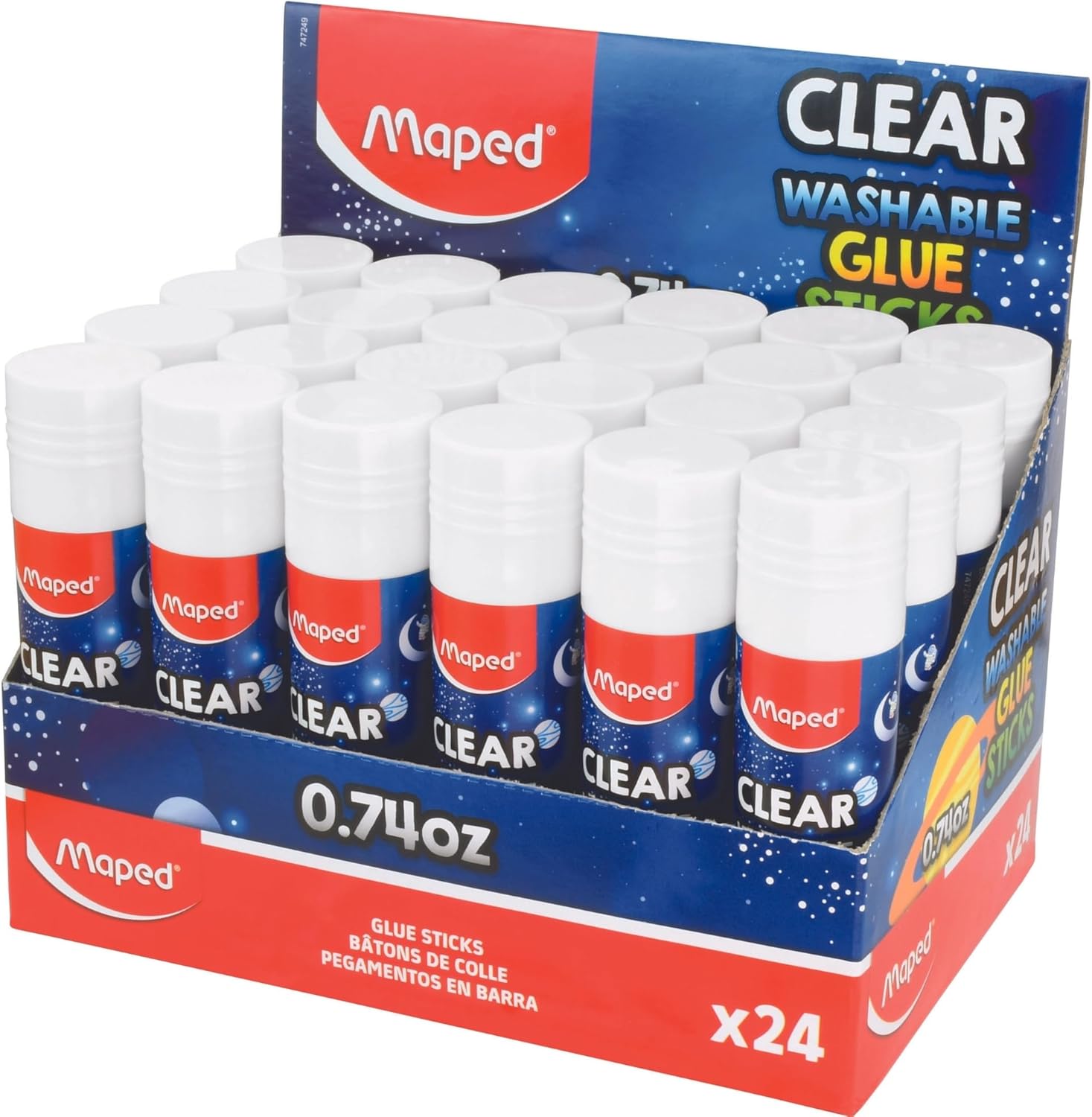 Maped - Essentials Clear Washable Glue Stick Display x24-0.74oz - Creating Crafts with Children - Dries Crystal Clear - Easy Clean Formula - Strong Quick Hold, Large Tube Size, Secure 24-Pack Display