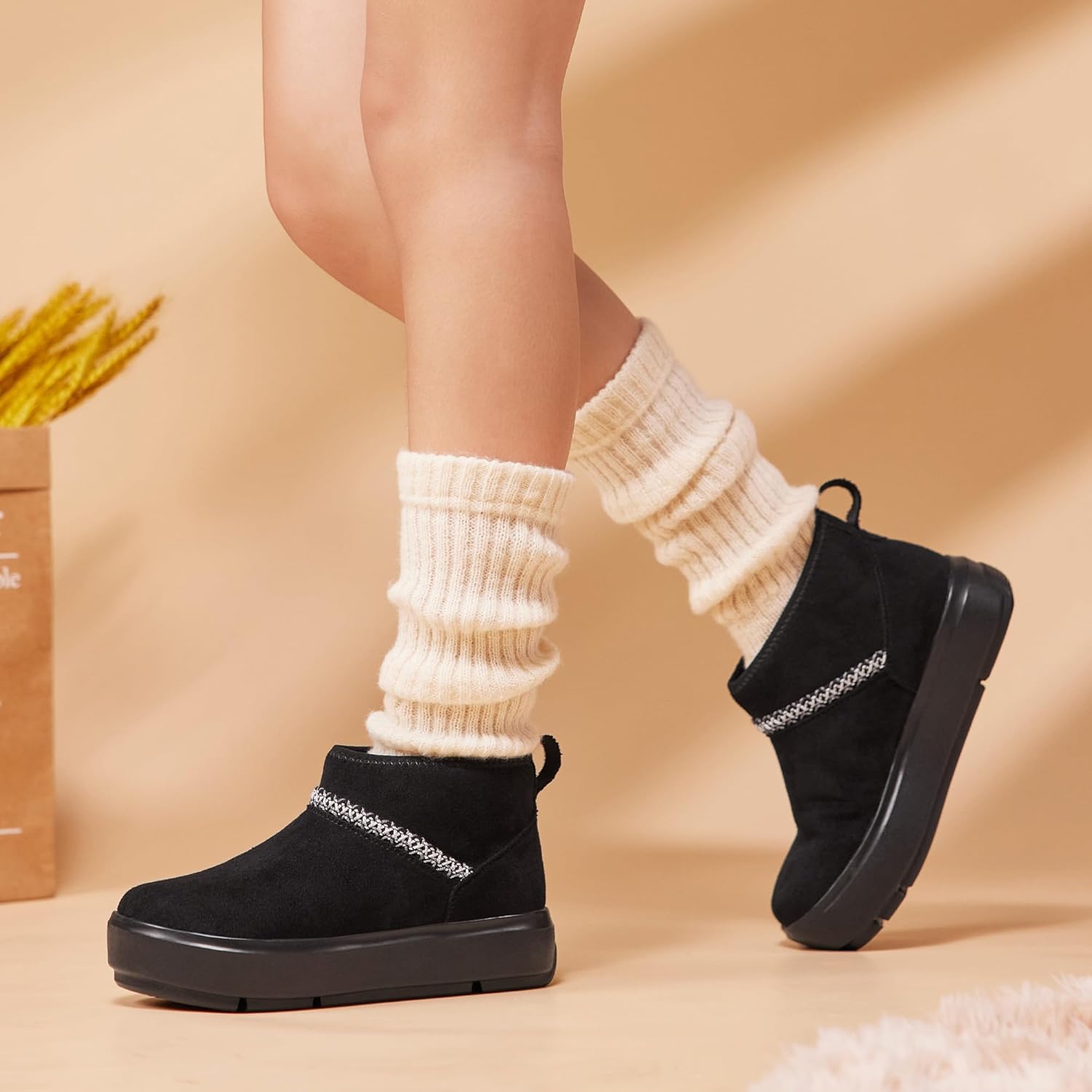 Suede Platform Mini Winter Boots for Women Faux Fur Lined Ankle Short Boots Non Slip Outdoor Snow Warm Booties Shoes