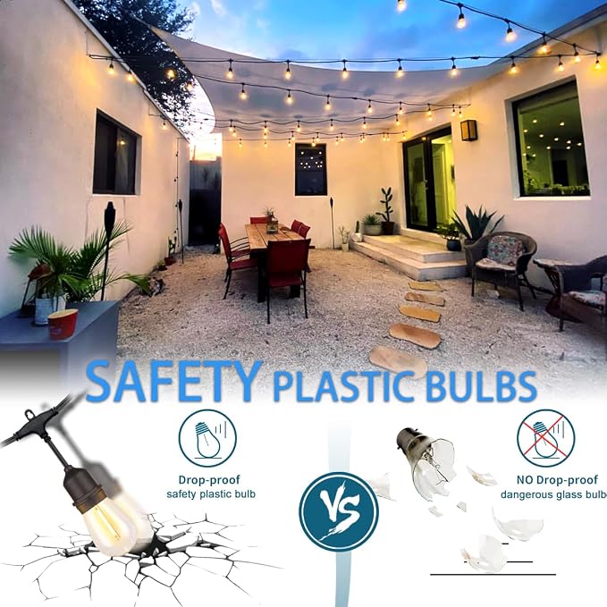Luces de cuerda impermeables para exterior 33FT con 11 bombillas irrompibles, IP65, ambiente para jardín, boda, café miniatura 3