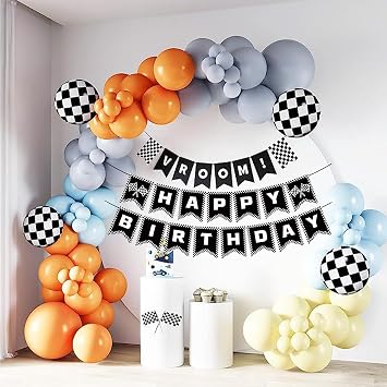 MEETINGU Race Car Birthday Party Decorations, Race Car Happy Birthday Banner VROOM Banner Race Car Balloons Racing Car Theme Party Supplies for Boy Kids Cars Birthday Decorations