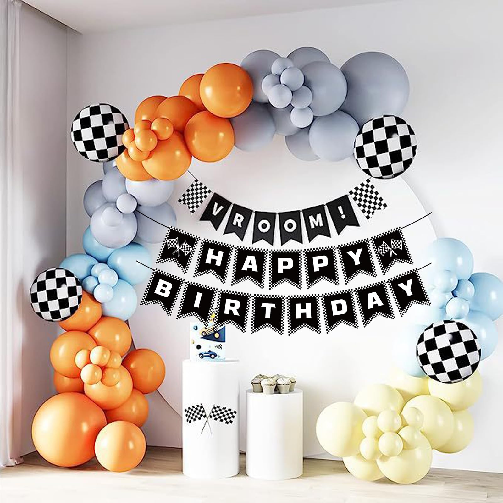 MEETINGU Race Car Birthday Party Decorations, Race Car Happy Birthday Banner VROOM Banner Race Car Balloons Racing Car Theme Party Supplies for Boy