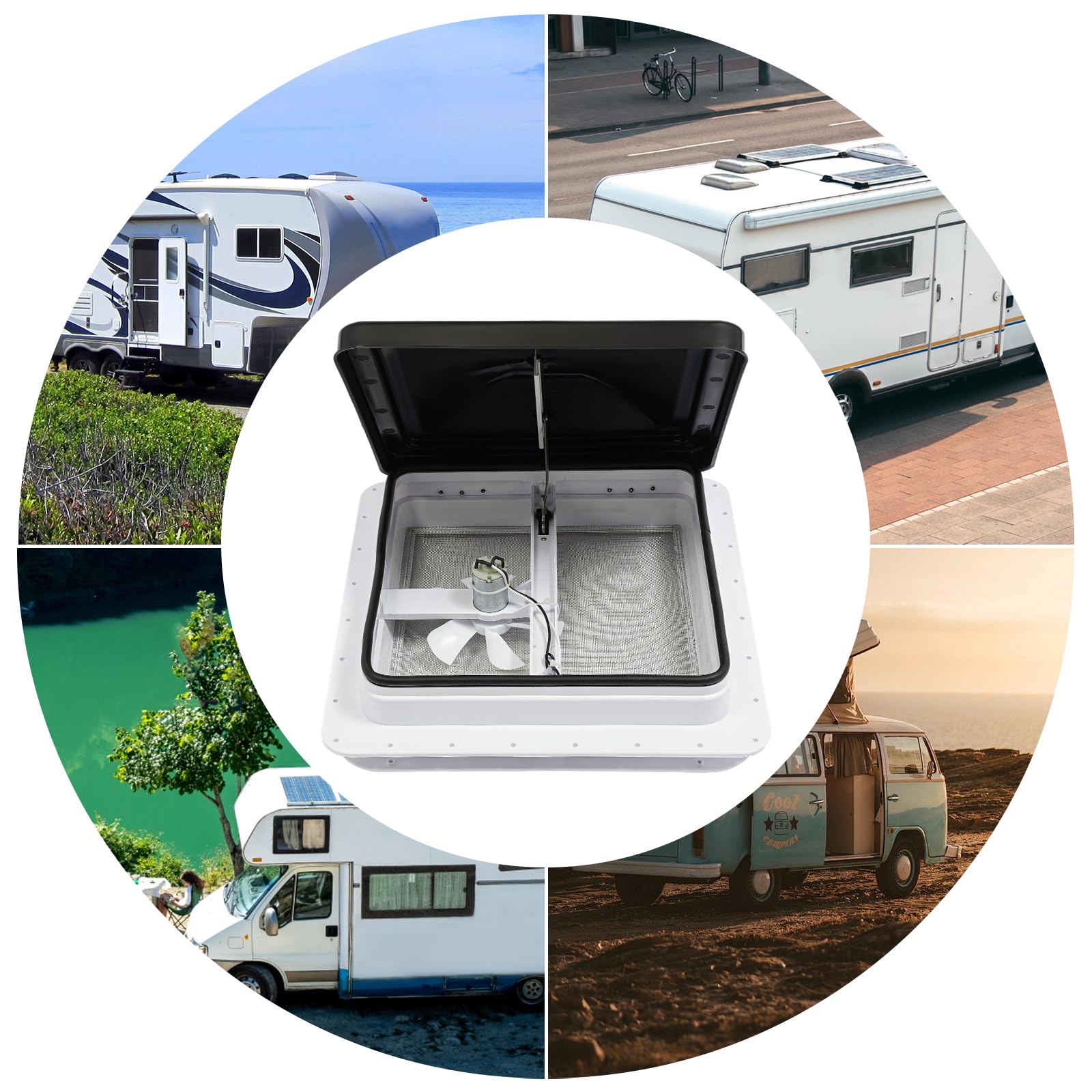 Campana de techo para ventana de techo, para caravanas, todas las funciones, longitud ajustable, protección solar, protección contra el calor, para caravana con ventilador, transparente, o incluye