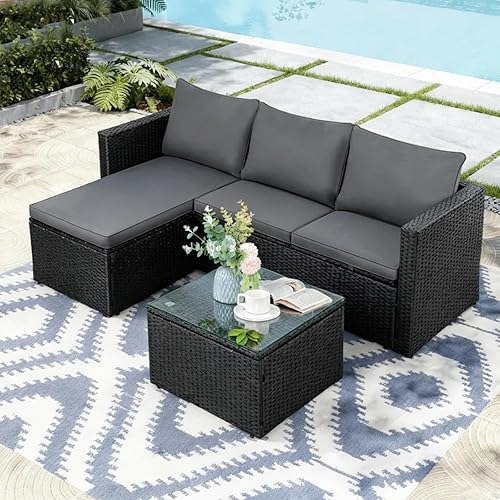 JAMFLY 3-Piece All-Season Wicker Patio Sectional Sofa Set with Coffee Table, Modular Indoor Outdoor Furniture for Poolside, Sunroom, Garden & Backyard, Grey