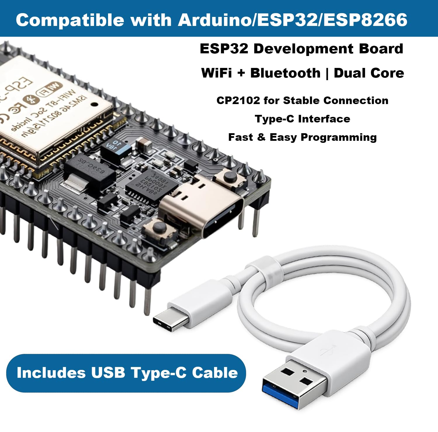 ESP32 płytka rozwojowa typu C, dwurdzeniowy moduł WiFi Bluetooth 240 MHz ESP32-WROOM-32 z CP2102, zawiera kabel USB, kompatybilny z Arduino IDE MicroPython do projektów IoT