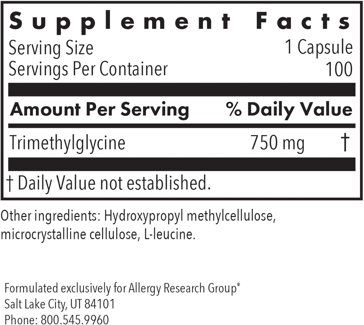Allergy Research Group ARG TMG Trimethylglycine - Supports Cardiovascular & Liver Health - Delivers 750 mg Trimethylglycine per Serving - Vegetarian & Hypoallergenic - 100 Servings - 100 Capsules