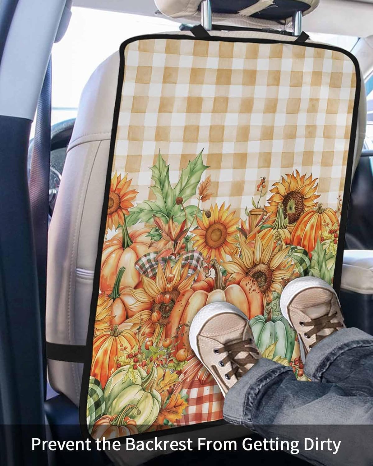 T&H XHome Car Seat Protector, 2 Pack Kick Mats Back Seat Protector Fall Thanksgiving Pumpkin Sunflower Bow Yellow Plaid Waterproof Backseat Cover for Kids Universal Fit Automotive Interior Protectors