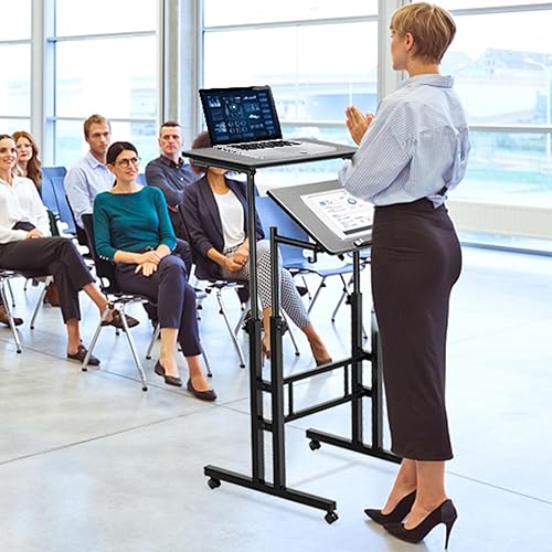 Miniatura 2 de VEVOR Escritorio de pie ajustable con resorte de gas de 26.4 a 44.9 pulgadas, ruedas giratorias de 360 (4 con bloqueo), mesa para computadora