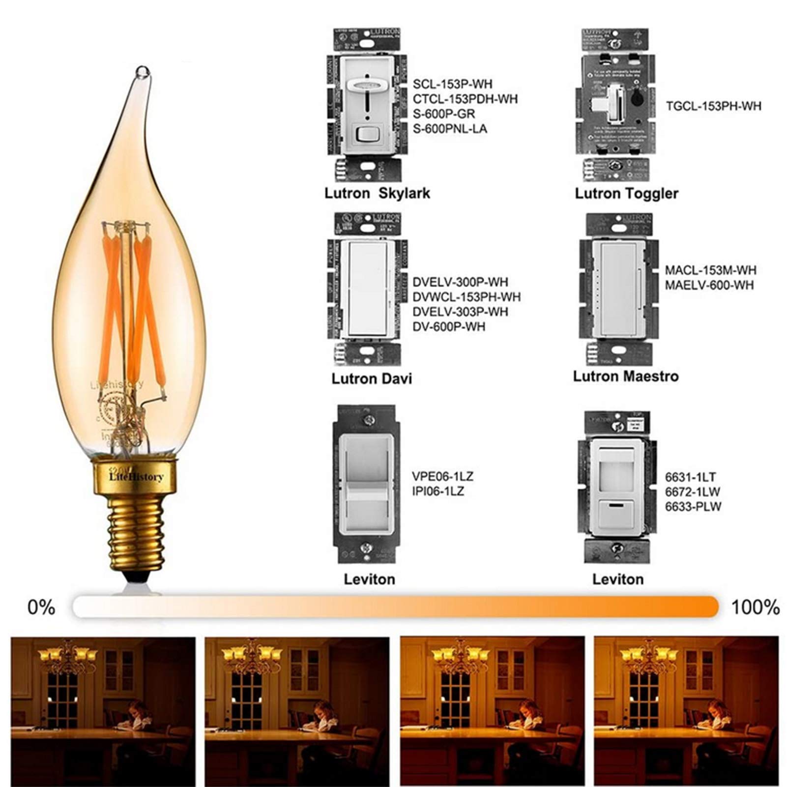 Ampoules LED Edison vintage, lampe à incandescence 2 W = 20 W, paquet 6 ampoules à bougie à flamme jaune chaude, ampoules lustre à intensité variable, base dorée E12