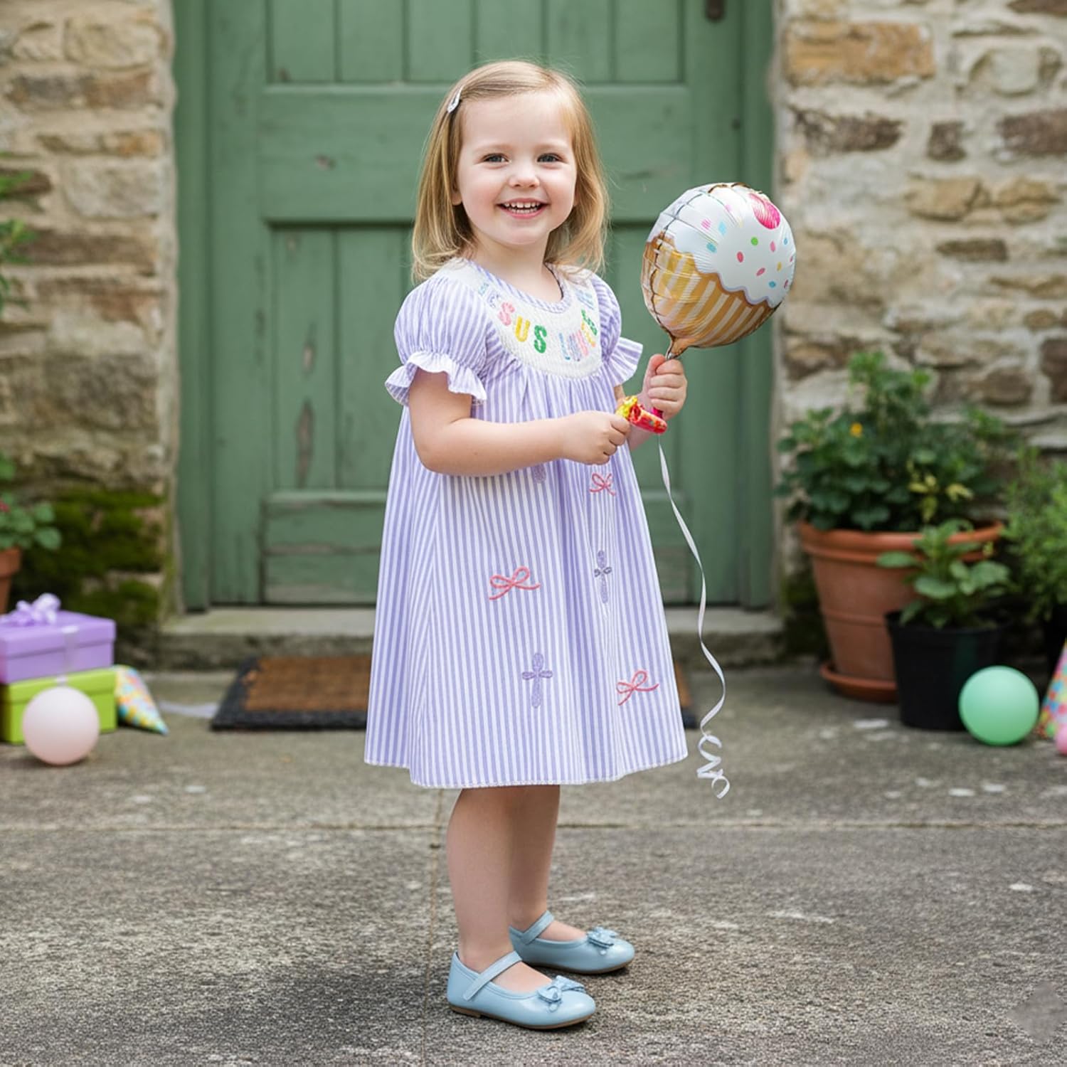 KMBANGI Little Girl Christian Outfit Jesus Loves Me Dress Puff Sleeves Embroidered Smocked Dresses Baptism Outfit Princess - Image 3