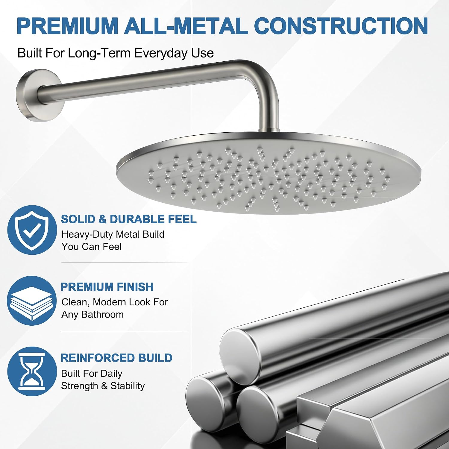 BRIGHT SHOWERS All Metal Rain Shower Head, Large 12 Inch SUS 304 Stainless Steel Fixed Rainfall Showerhead with Anti-Clog Nozzles, Bathroom Wall/Ceiling Mount Replacement, Luxury Spa, Brushed Nickel