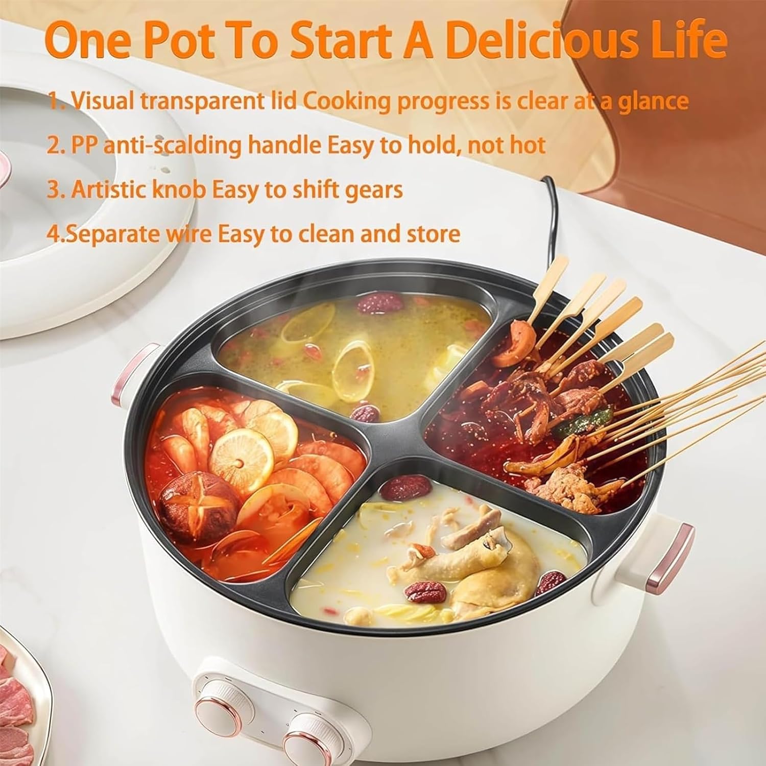 Olla De Cuatro 4 Compartimentos, Multifunctional Four Grid Electric Cooker, 4 Compartment Multifunctional Integrated Stew Hot Pot, 6l Large Capacity 4 Flavors for Family Gatherings(1pc)