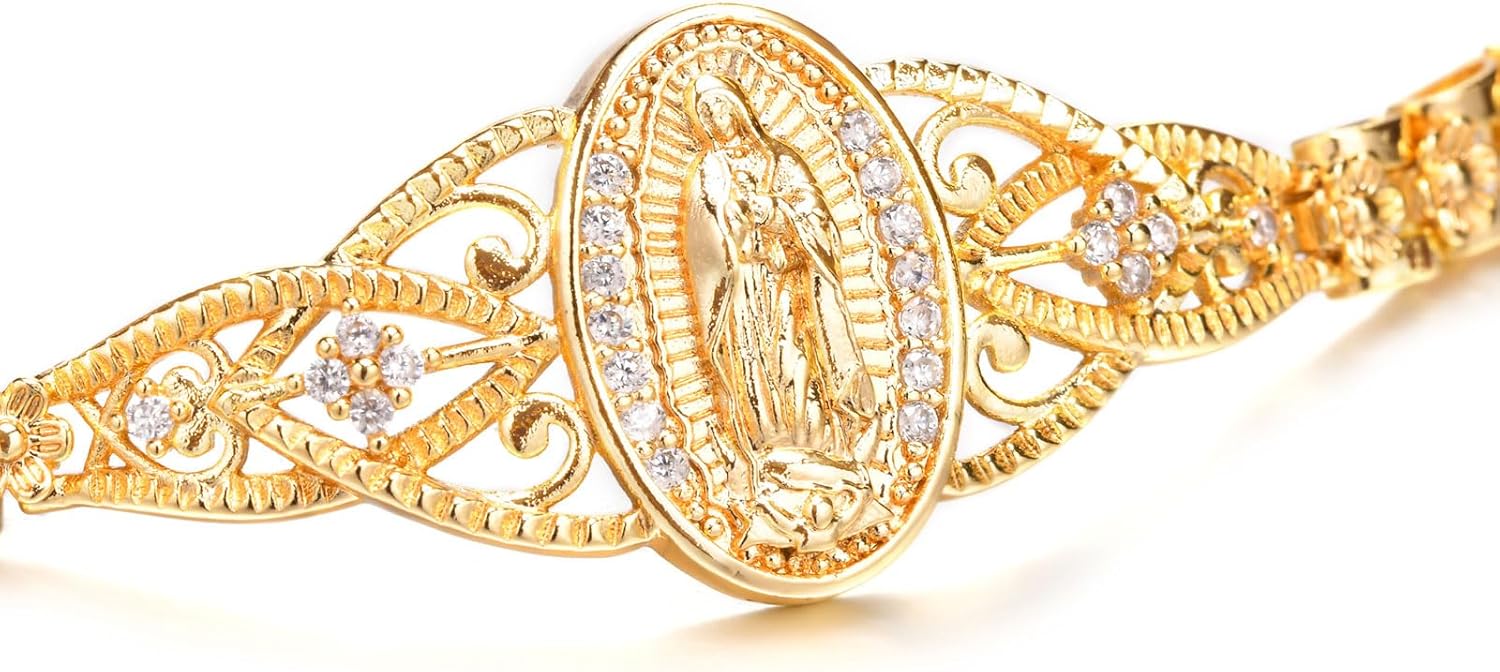 Gold Catholic Bracelet for Women-14k Gold Plated Bracelet,Hypoallergenic Non Tarnish Trendy Jewelry,Dainty Stainless Steel Cubic Zirconia Religious Baptism Virgin Mary Bracelets Gifts for Her - Image 6