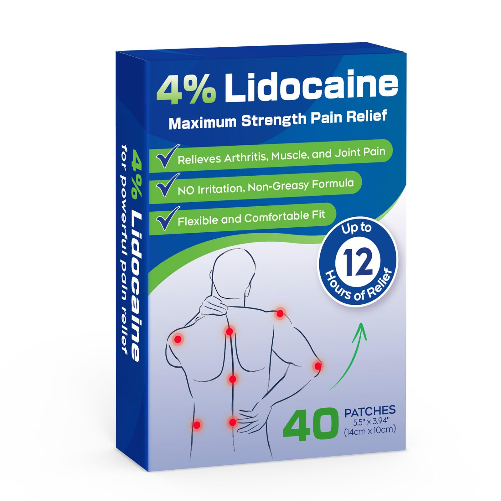 Uposiut Lidocaine 4% Patches - Extra Strength Lidocaine Patches (40 Patches), for Neck, Shoulder, Back, Knee, and Ankle Muscles, 12-Hour