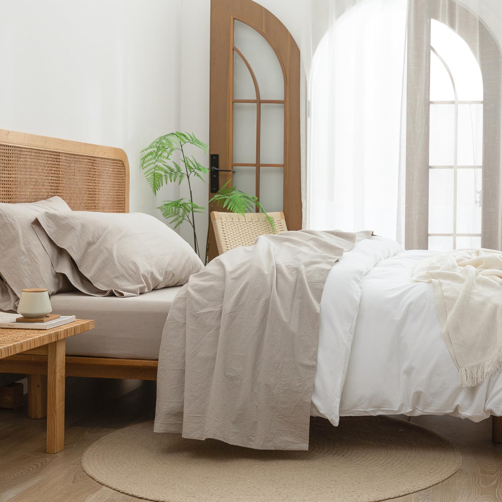 BESTOUCH Sheet Set 100% Washed Cotton Linen Feel Super Soft Comfortable Chic Lightweight 4 Pcs Home Bedding Set Solid Linen Grey Queen