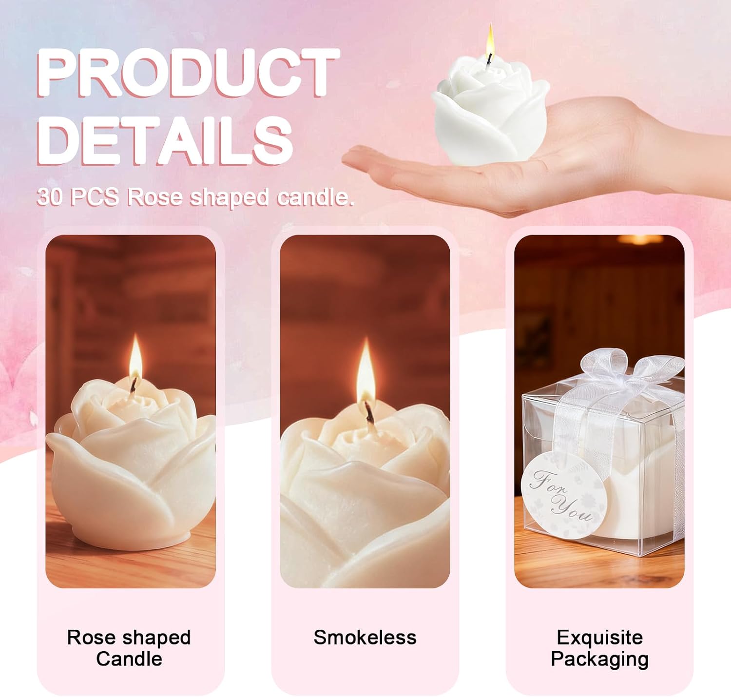 30 Sets White Rose Flower Candles, Wedding Favors for Guests with Gift Boxe