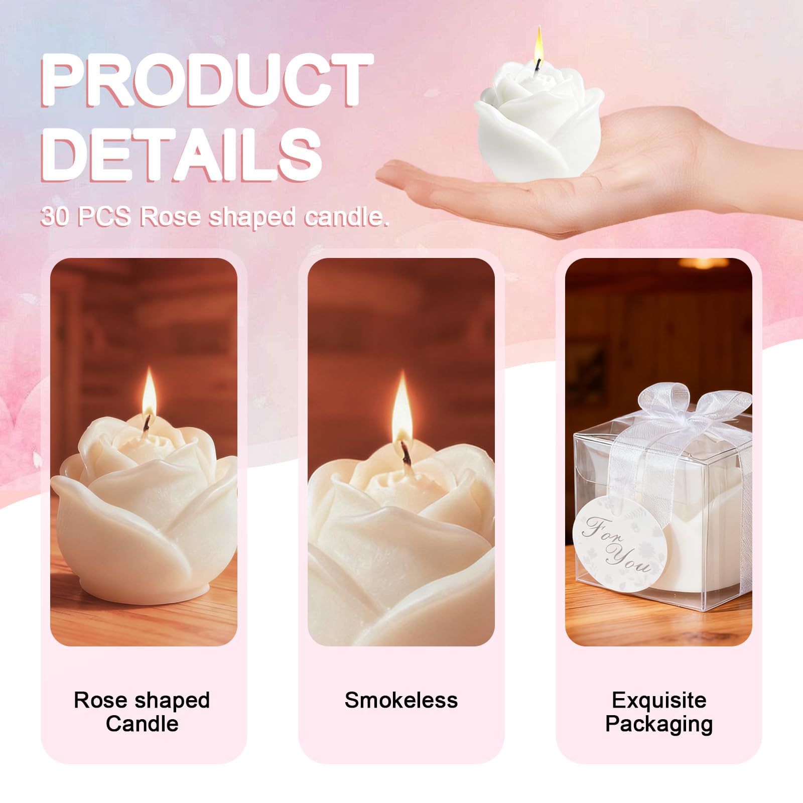 Set di 30 candele a forma di fiore per gli ospiti, mini candele tealight a forma di rosa bianca per regalo di ritorno, matrimonio, compleanno, addio al nubilato, festa di inaugurazione della casa