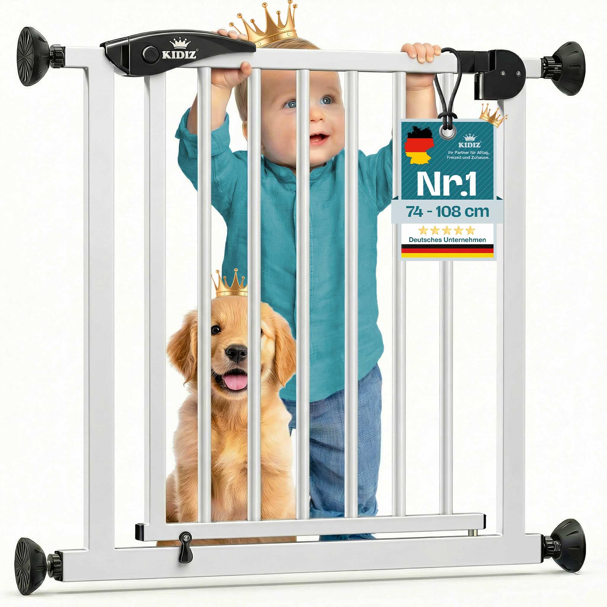 KIDIZ Treppenschutzgitter ohne Bohren | Verstellbare Breite: 81-87 cm, 75 cm hoch, Türschutzgitter und Absperrgitter für Kinder und Hunde, Beidseitige Einhand Öffnung, 90° Open-Stop System, W/Schwarz