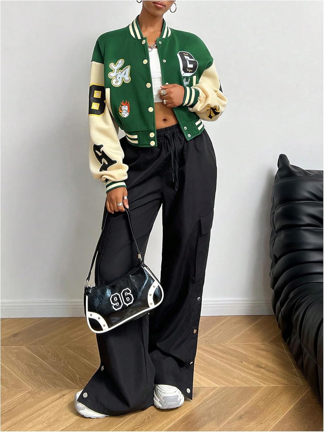 Milumia Women's Letter Print Button Down Varsity Jacket Baseball Collar Neck Crop Jackets Streetwear - Image 3