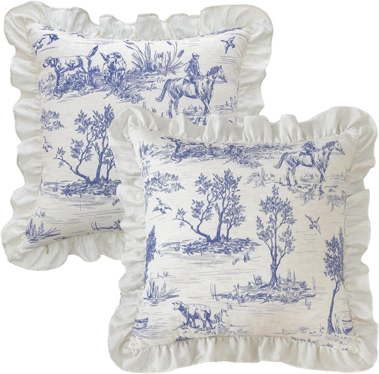 Rustic Throw Pillow Covers Set of 2 Classic French Village Printed Linen Fabric Decorative Pillow Cases Retro Ruffle Flounces Trim Square Cushion Case for Livingroom Sofa Decor Blue 26x26 Inch
