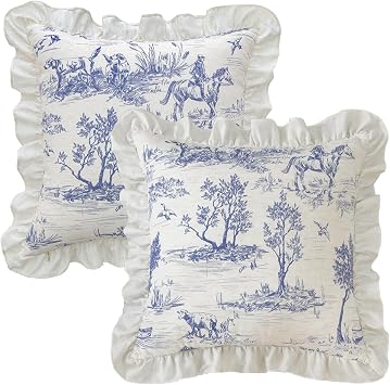 Rustic Throw Pillow Covers Set of 2 Classic French Village Printed Linen Fabric Decorative Pillow Cases Retro Ruffle Flounces Trim Square Cushion Case for Livingroom Sofa Decor Blue 20 x 20 Inch