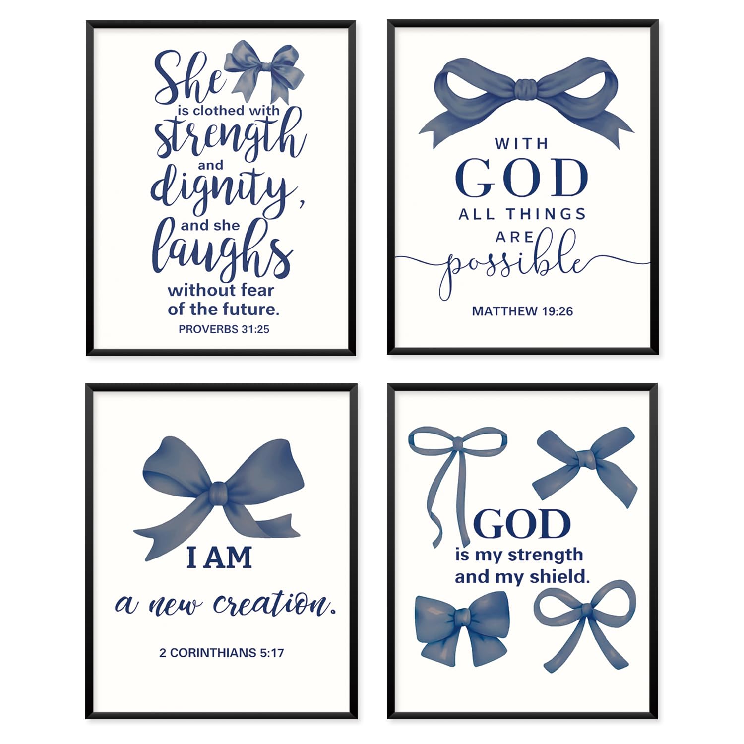 Locomiss Navy Blue Bow Bible Wall Art Decor Posters, Inspirational Navy Blue Coquette Bow Wall Art Decor Aesthetic For Teen Girls Dorm Room Bedroom Bathroom Gifts, Set of 4 (8x10 Unframed)
