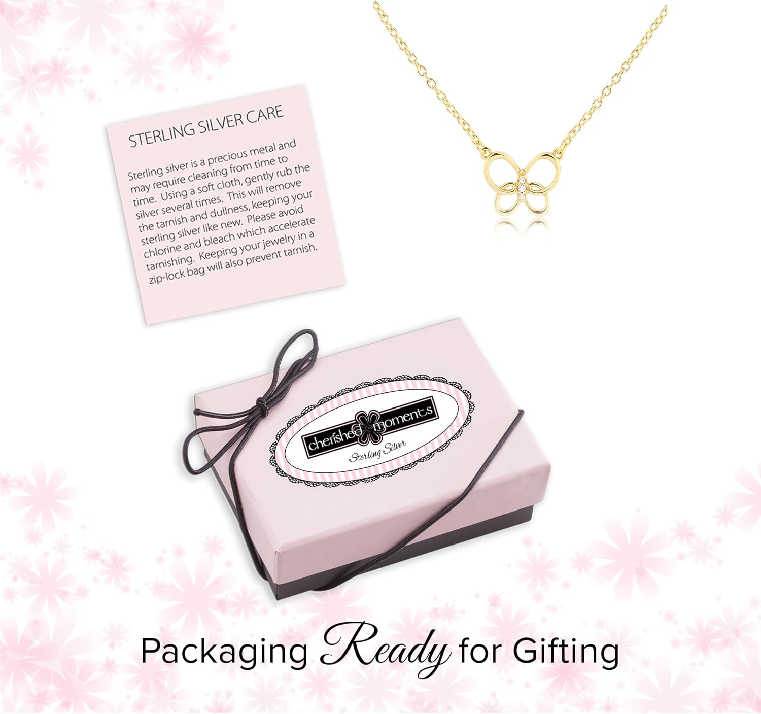 Cherished Moments Girl's 925 Sterling Silver or 14K Gold Plated Butterfly Necklace Gift for Toddlers or Kids, 14-16 inch
