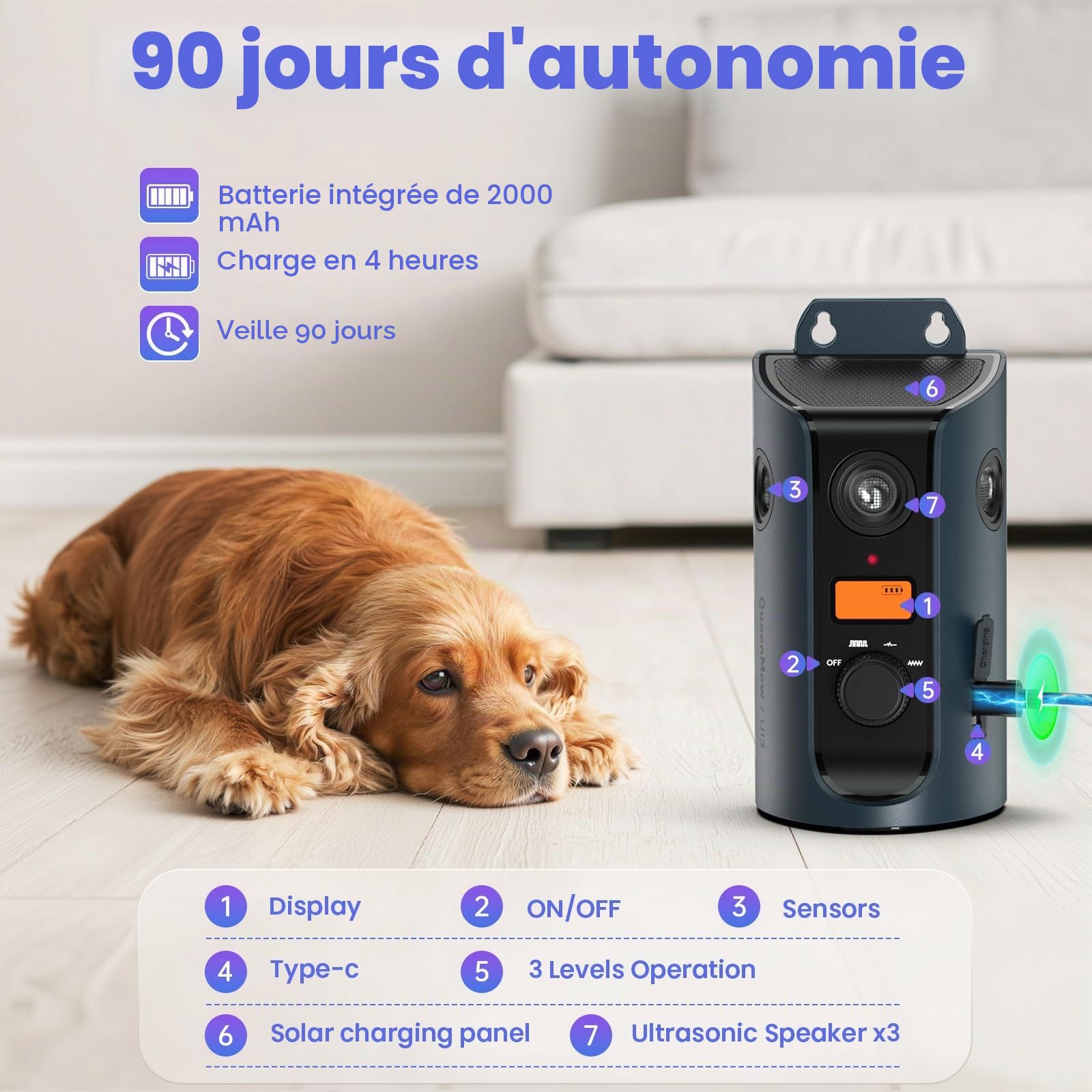 Anti Aboiement pour Chien, Dispositif Anti Aboiement ,33 Pieds Rechargeable Dispositif Dissuasion pour Petits et Grands Chiens Exterieu, Anti-Aboiement Chiens Ultrason pour Chien Anti Aboiements pour