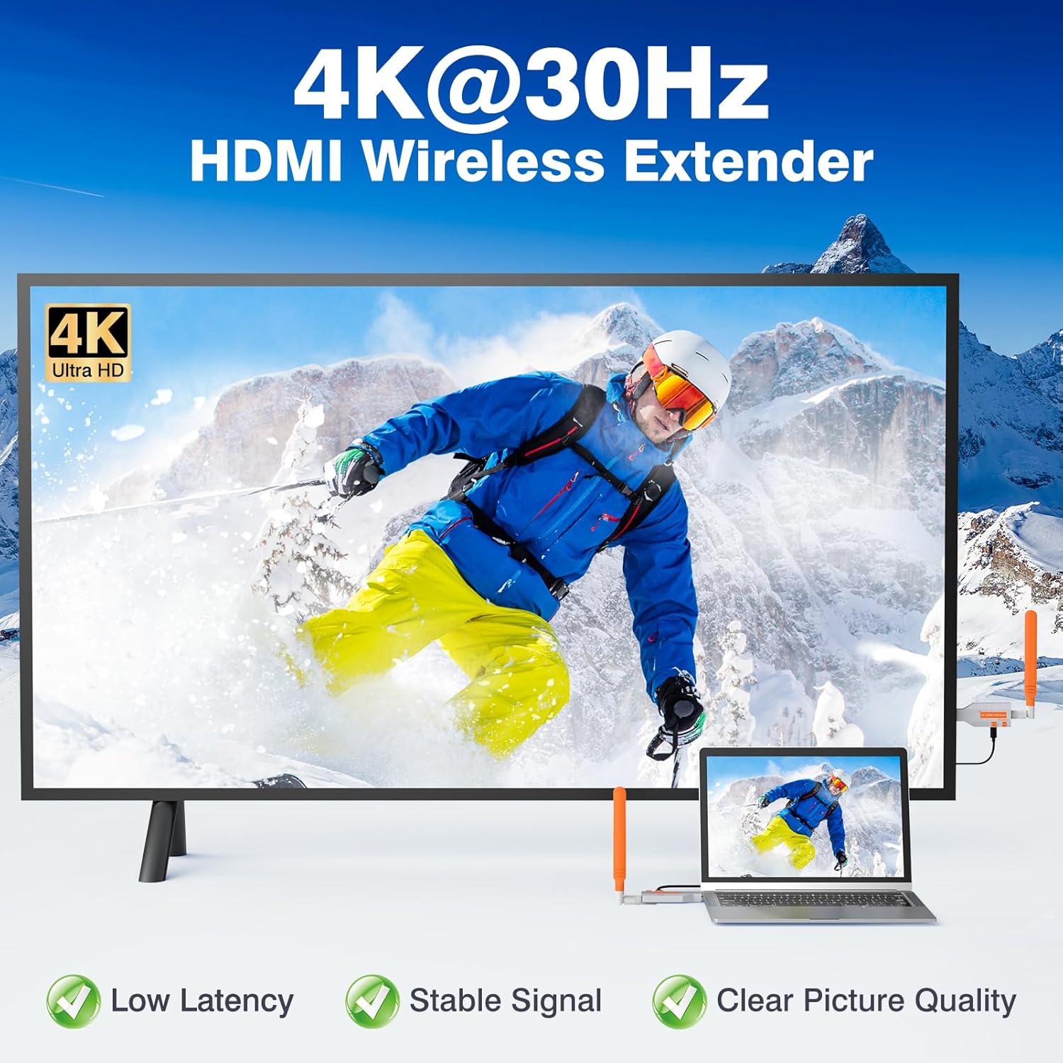 Wireless HDMI 4K Transmitter with 1 Receiver, 2160P Output, 350FT Long Range, 5.8G Low Lag Extender, Silvery Metal for PC/Laptop/Projector/TV/Monitor