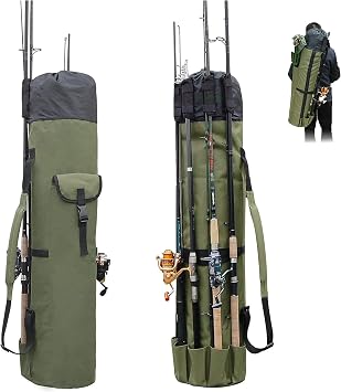 Multifunction Fishing Pole Bag - Waterproof Rod Reel Bag Carrier Case, Durable Canvas Tackle Large Storage Gift for Men Travel, Khaki