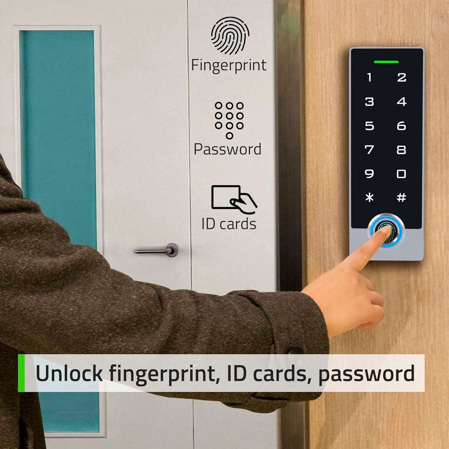 Person unlocking door with AMOCAM TF2 keypad using fingerprint