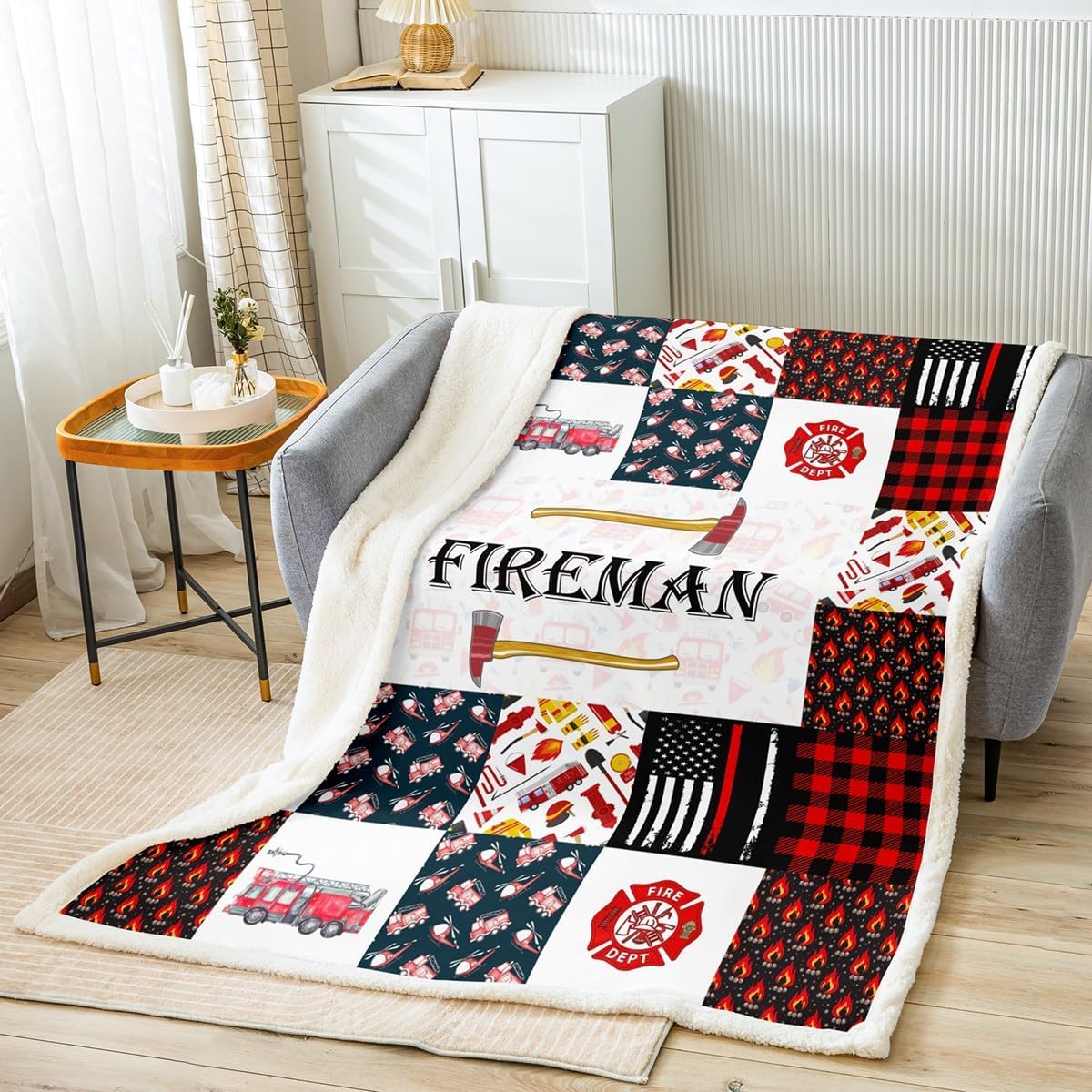 Feelyou Firefighter Blanket 60"x80" for Bed Sofa Couch Fire Truck Throw Blanket Equipment Trucks Fleece Blanket Red Patchwork Sherpa Blanket for Boys Girls Kids Adults