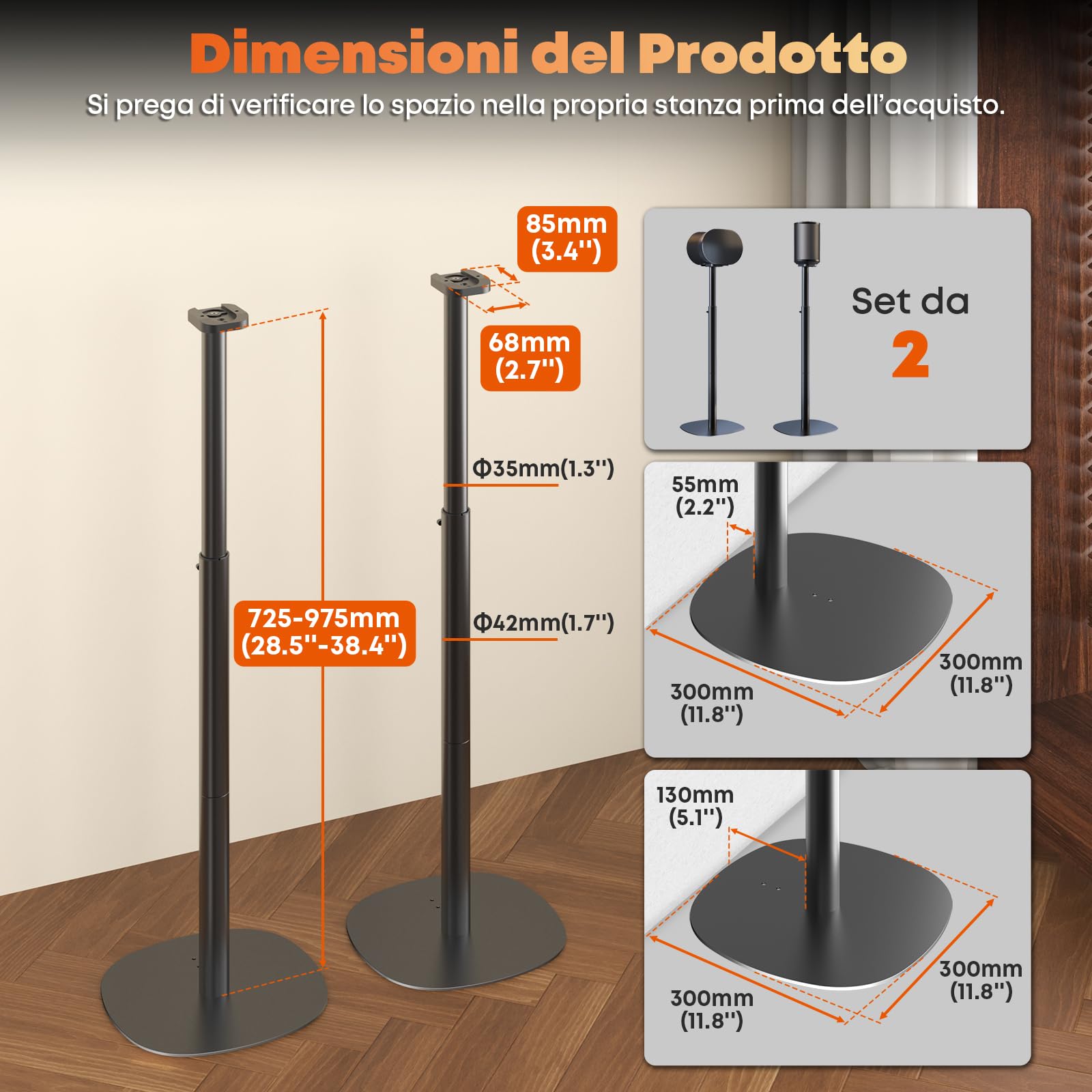 Supporti per altoparlanti Sonos Era 100 SL, Era 100 e Era 300 - Altezza regolabile, Supporti da pavimento 74–99 cm, Capacità massima di 5 kg per supporto, 1 coppia, Nero