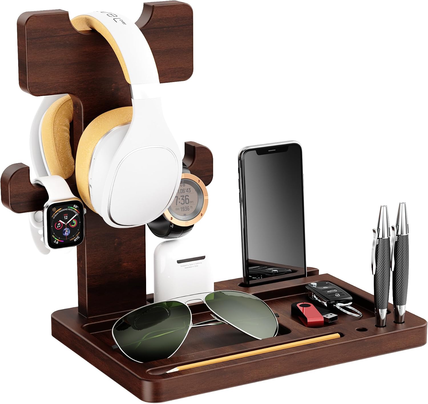 Headphone Stand for Desk Gaming Headset Stand Wooden Headset Holder with Multifunctional Tray Universal Headphone Holder Compatible with Most Headphones Brown