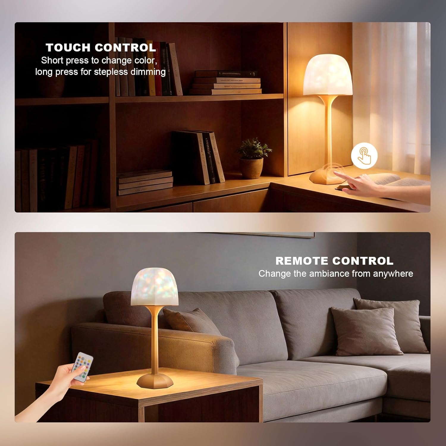 Rechargeable Table Lamp with Remote Control, 16 Color Changing LED Night Light with Water Ripple Projection, Adjustable Brightness for Bedroom, Office, Home Decor