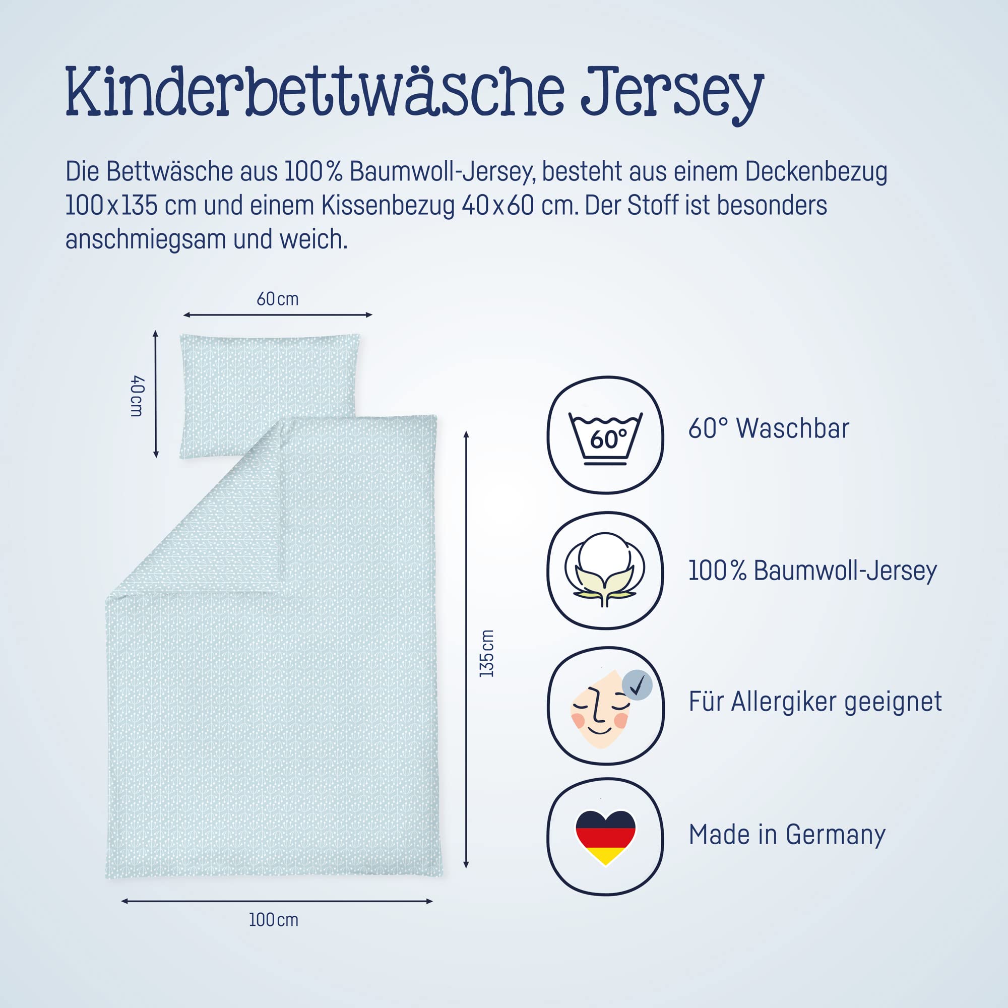 Julius Zöllner Jersey - pościel dziecięca 100 x 135 + 40 x 60 cm, 2-częściowy zestaw poszewek na kołdrę i poszewki na poduszkę, 100% bawełna dżersejowa, z zamkiem błyskawicznym, Standard 100 by