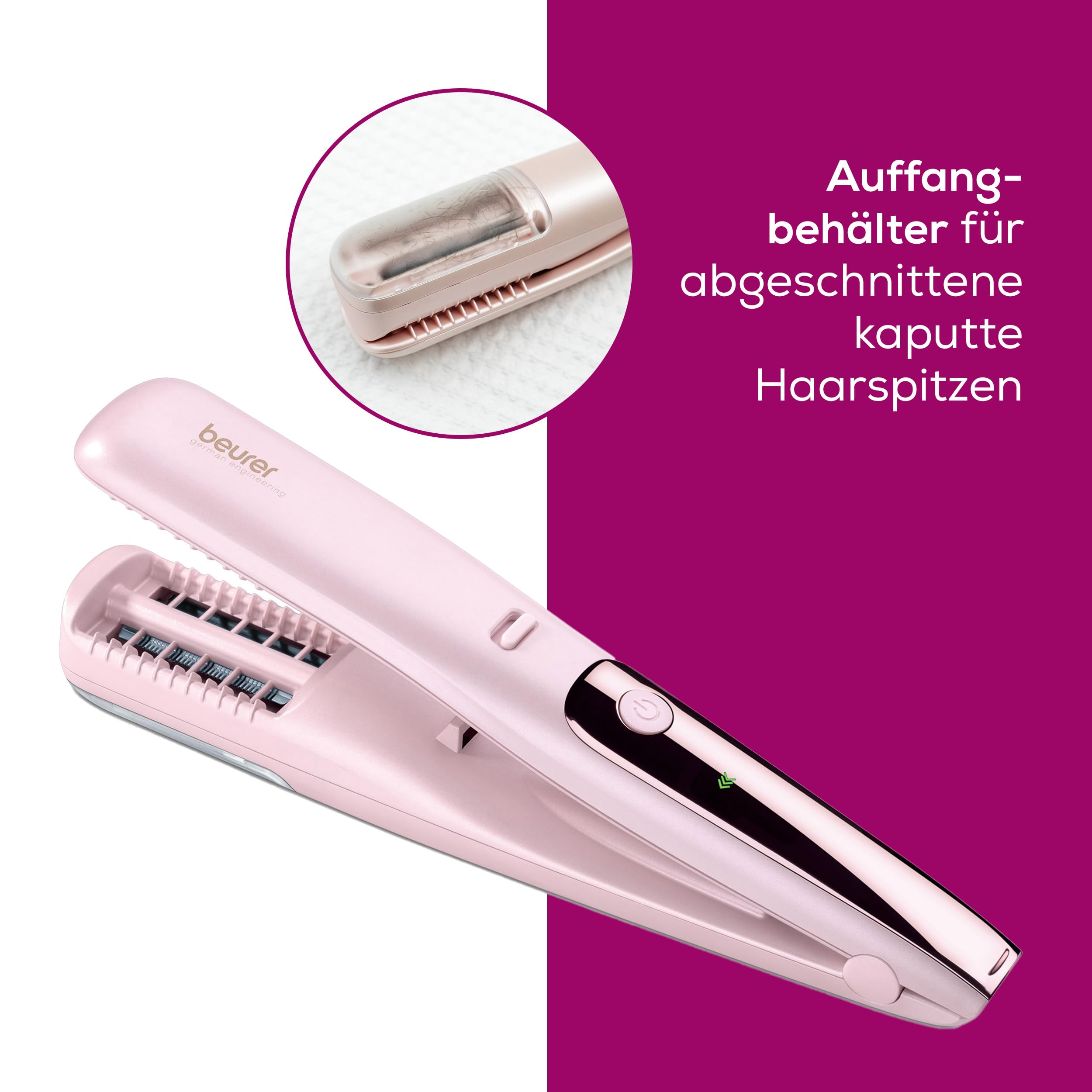 Beurer HT 22 Splissentferner, entfernt Spliss und kaputte Haarspitzen schnell und effektiv, ohne Längenverlust für gesundes Haar, mit LED-Anzeige, 2h Akkulaufzeit , rosa