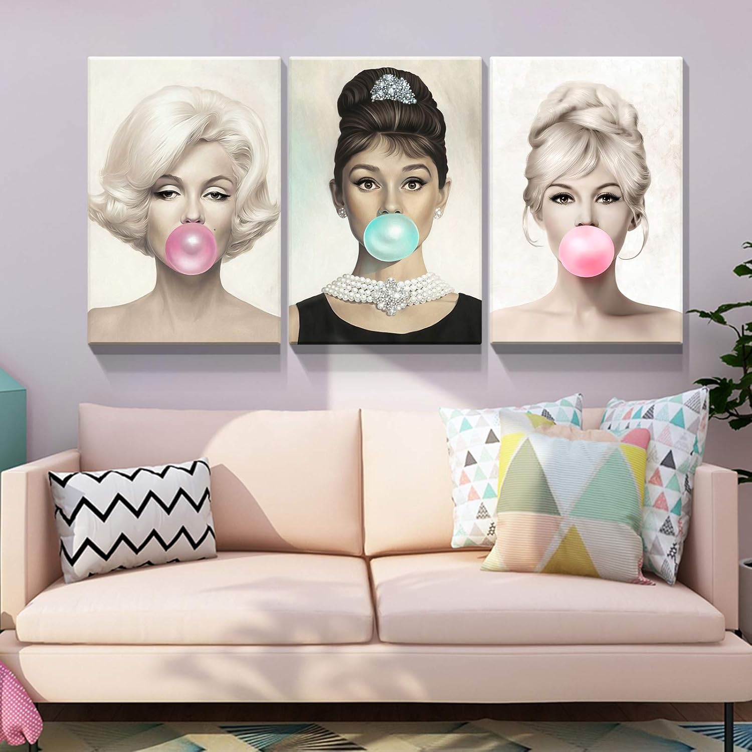 Denozer 3 Panel Beauty Portrait Canvas Wall Art Marilyn Monroe Audrey Hepburn and Brigitte Bardot with Colorful Bubble Gum Painting Home Decor Poster for Living Room Bedroom - 18x24 inch