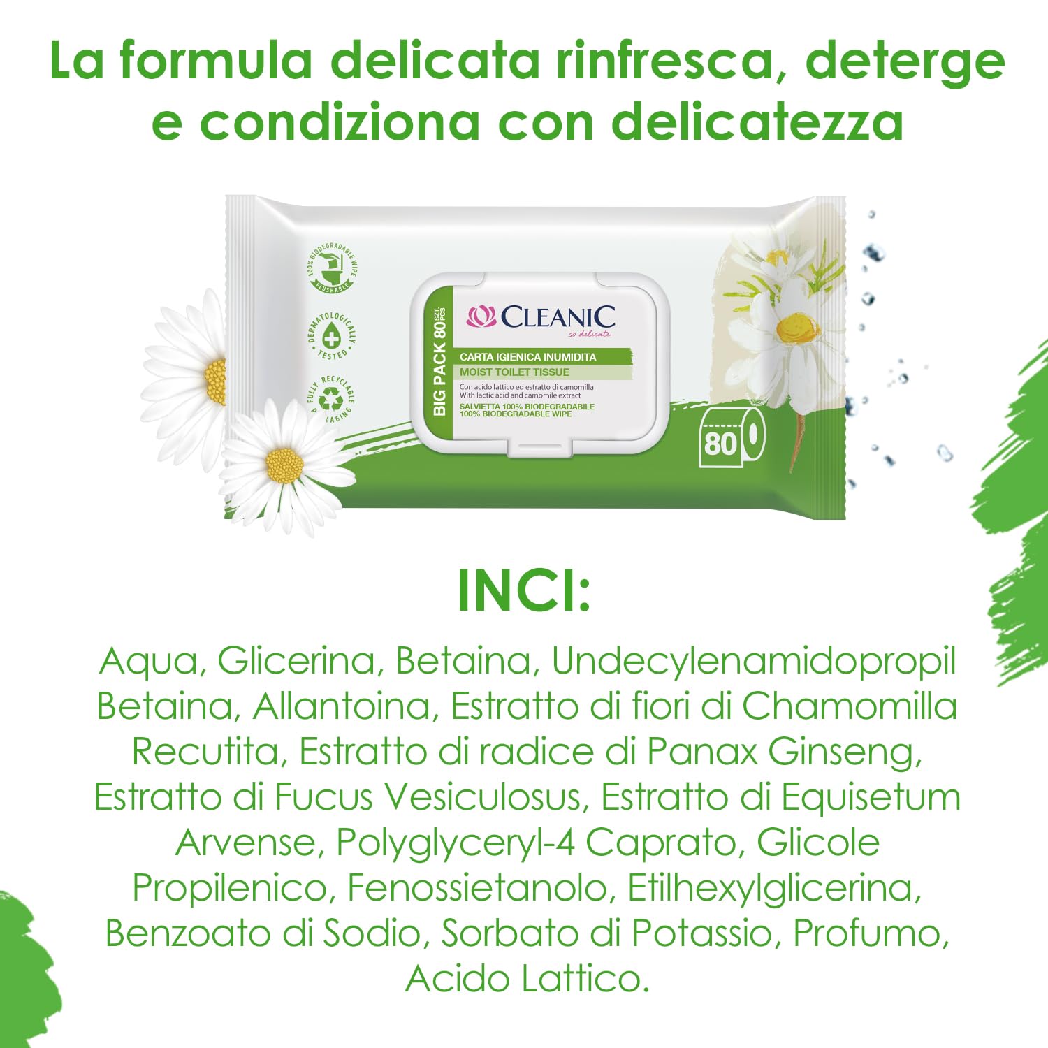 Cleanic Carta Igienica Umidificata - (80 Pezzi) Carta Igienica - Con estratto di camomilla, lavabile, salviette per pulizia intima, delicate pelle sensibile - 80 Pezzi