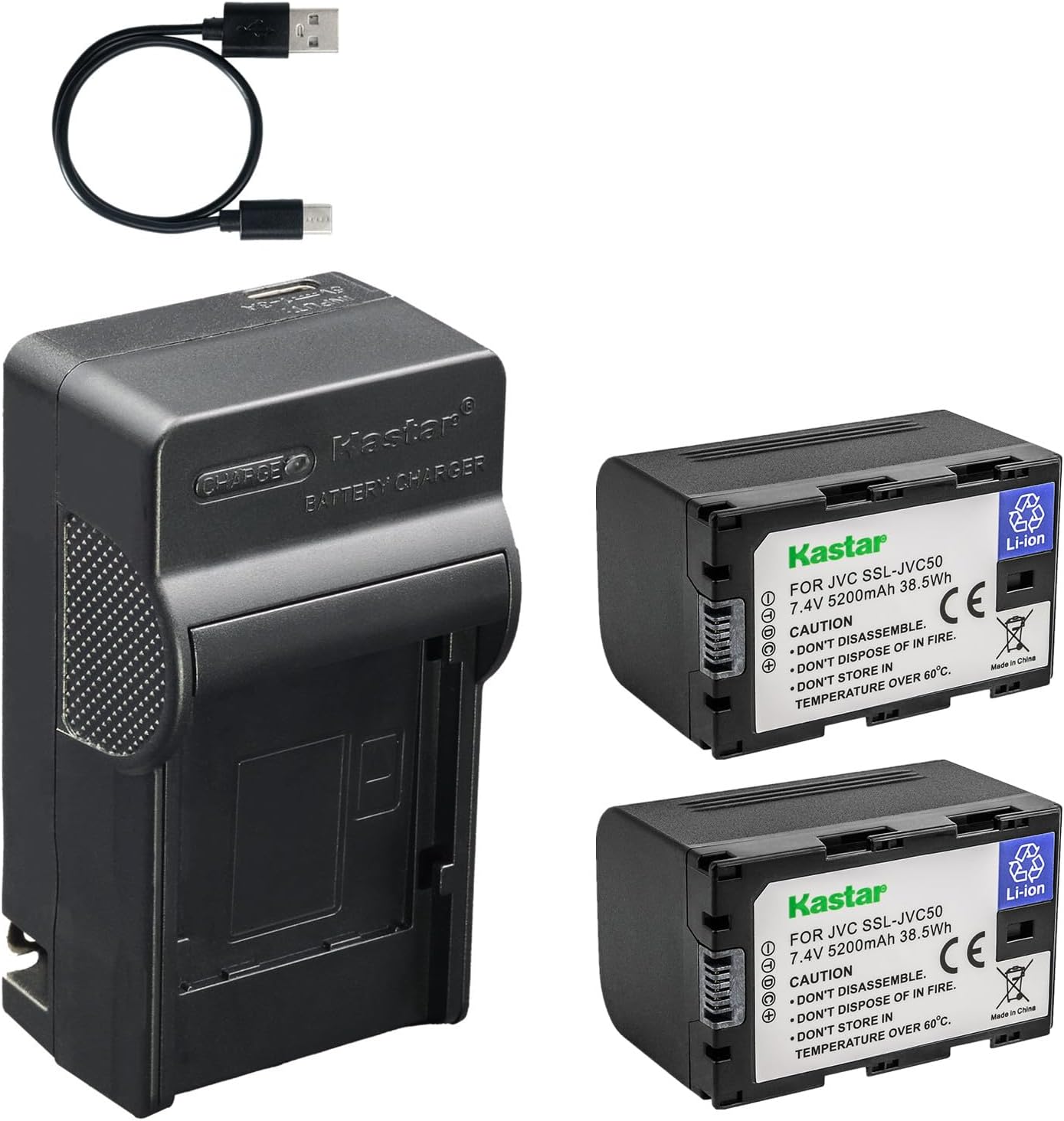 Kastar 2-Pack SSL-JVC50 Battery and AC & USB-C Charger, Compatible with JVC GY-HM600 GY-HM650 GY-HM660 GY-LS300 GY-HM200 GY-HM250 GY-HMQ10 GY-HMQ30 Camcorder