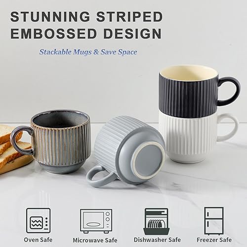 Vista 106 de Hasense Juego de 4 tazas de café de cerámica con soporte, 15 onzas, apilables, grandes, de porcelana, acanaladas, para capuchino, té, cacao