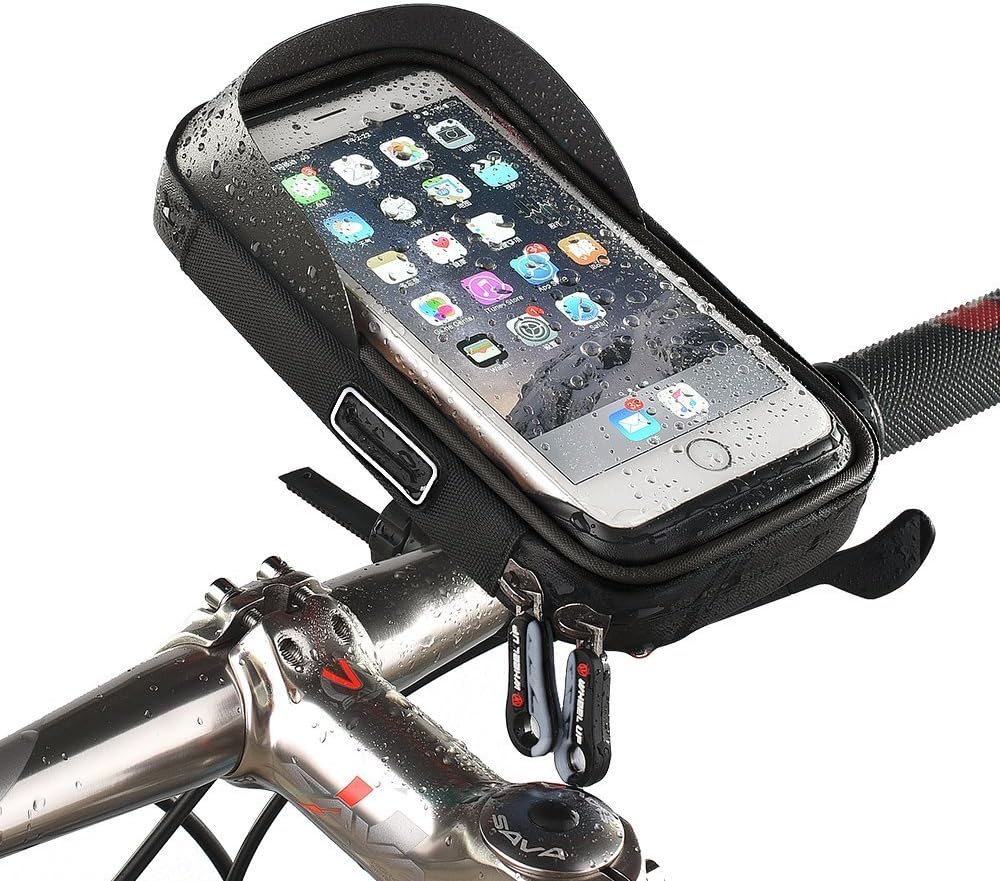 MOOZO Bike Handlebar Bag, Universal Waterproof Cell Phone Pouch Bicycle & Motorcycle Handlebar Phone Mount Holder Cradle with 360 Rotate for iPhone Samsung HTC LG Smartphones up to 6'' (Black)