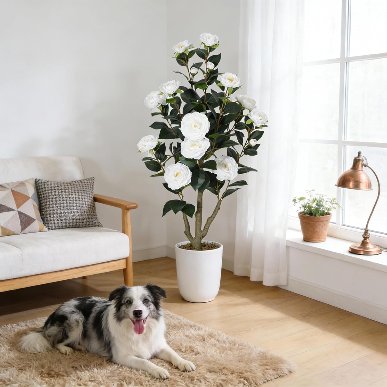 3FT Artificial Camellia Tree, Lifelike Silk Flowers with Green Foliage, Faux Plant in Pot for Home Office Indoor Outdoor Decor, Maintenance for Housewarming (White)