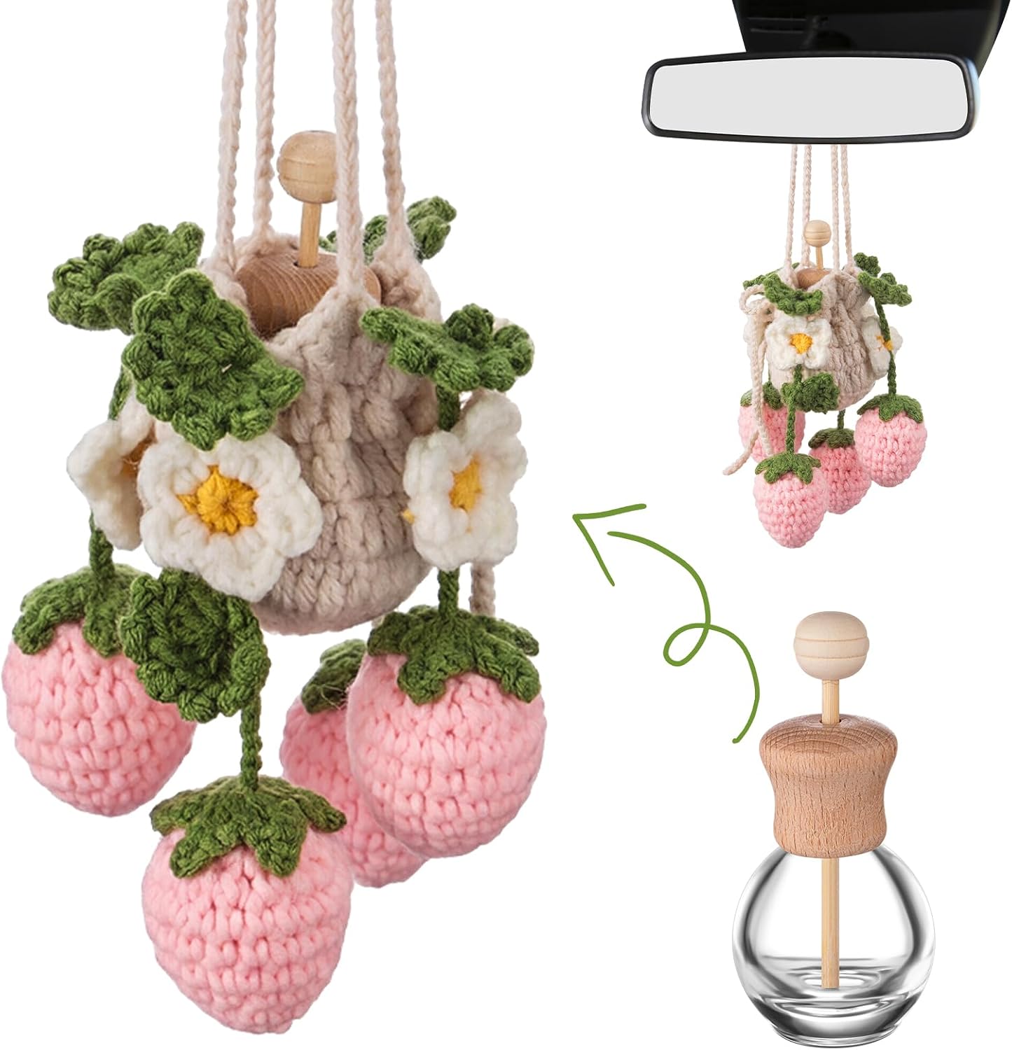 DaisyInner Crochet Hanging Plant for Car,Pink,Pink Strawberry