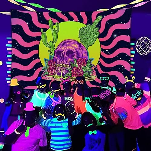 Miniatura 2 de SWEET TANG Tapiz estético Trippy Calavera reactiva a los rayos UV, cactus, esqueleto galáctico y rosa colgante de pared para habitación 40 x 60
